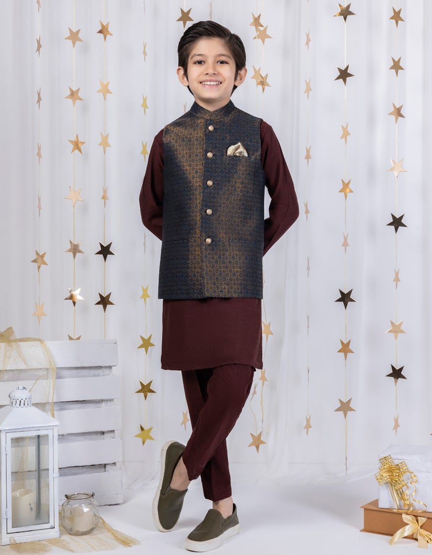 Copper Polyester Kameez Shalwar + Waistcoat | Jckpvc-A-48088
