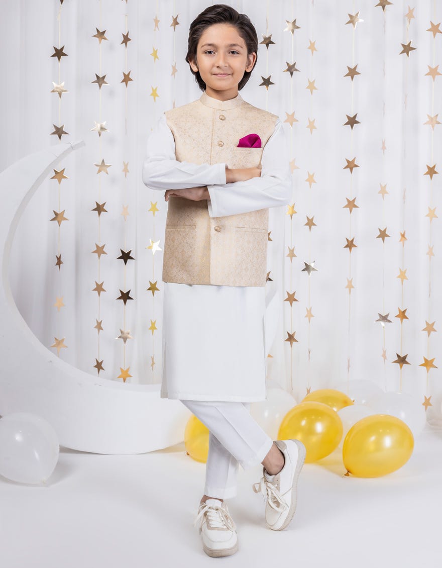 Cream Polyester Kameez Shalwar + Waistcoat | Jckpvc-A-48089