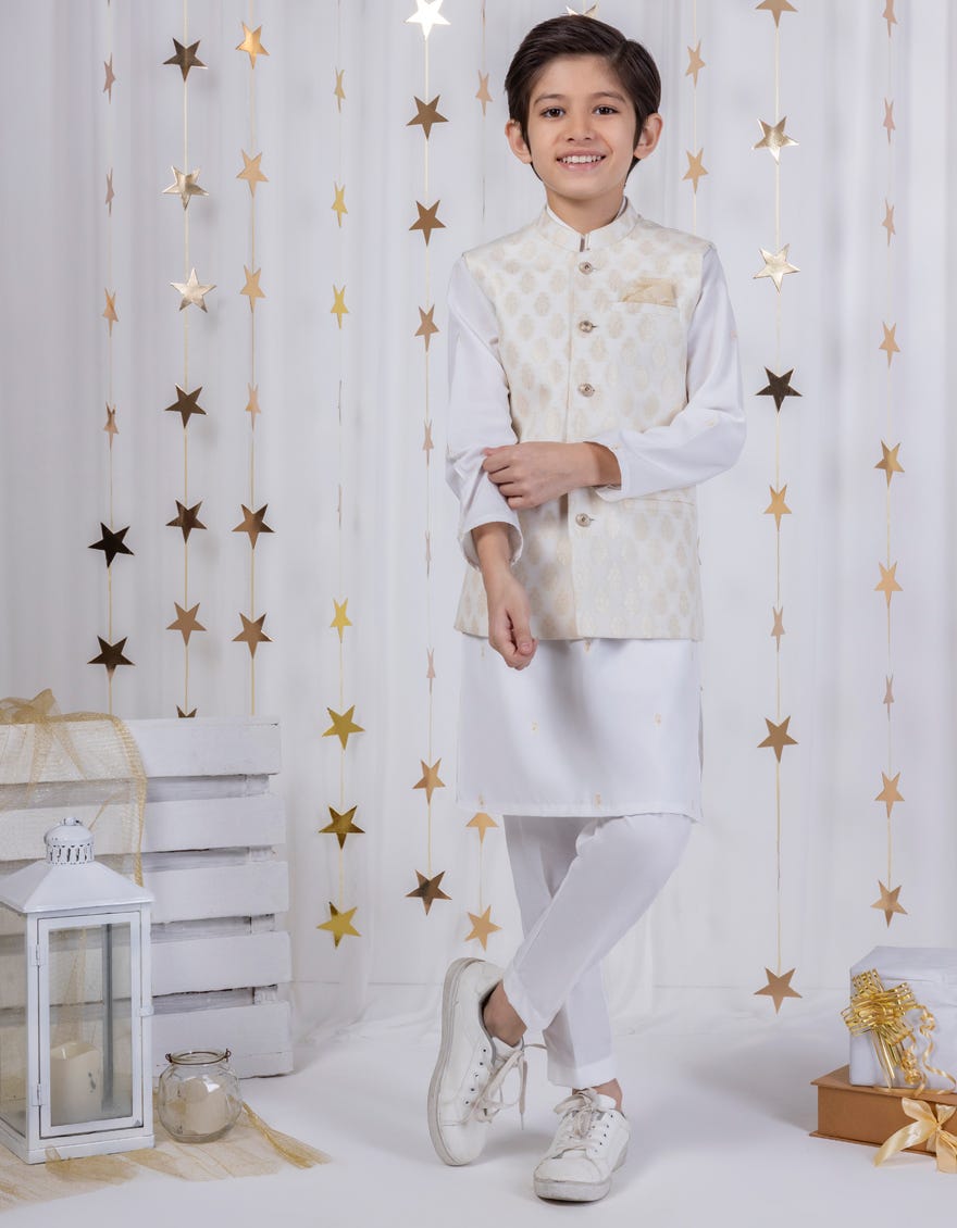 Cream Polyester Kameez Shalwar + Waistcoat | Jckpvc-A-48090