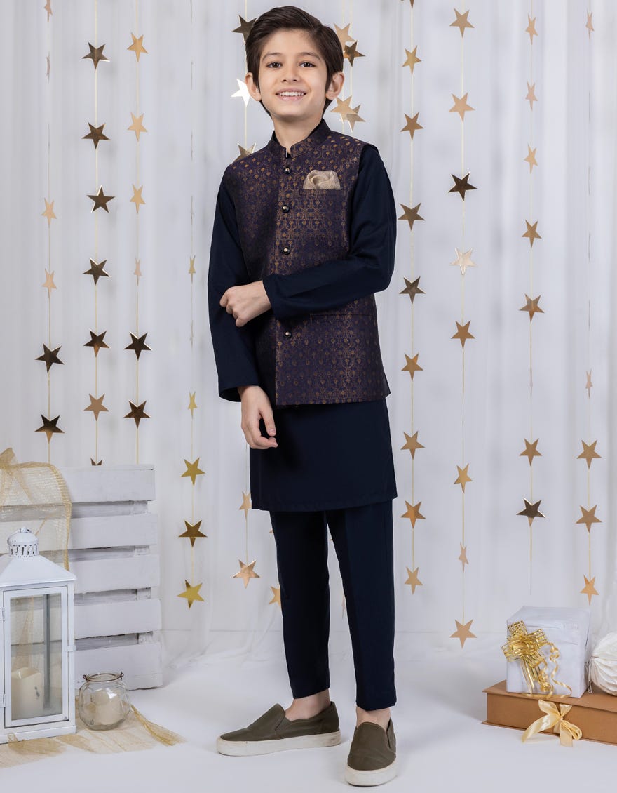 Dark Purple Polyester Kameez Shalwar + Waistcoat | Jckpvc-A-48093