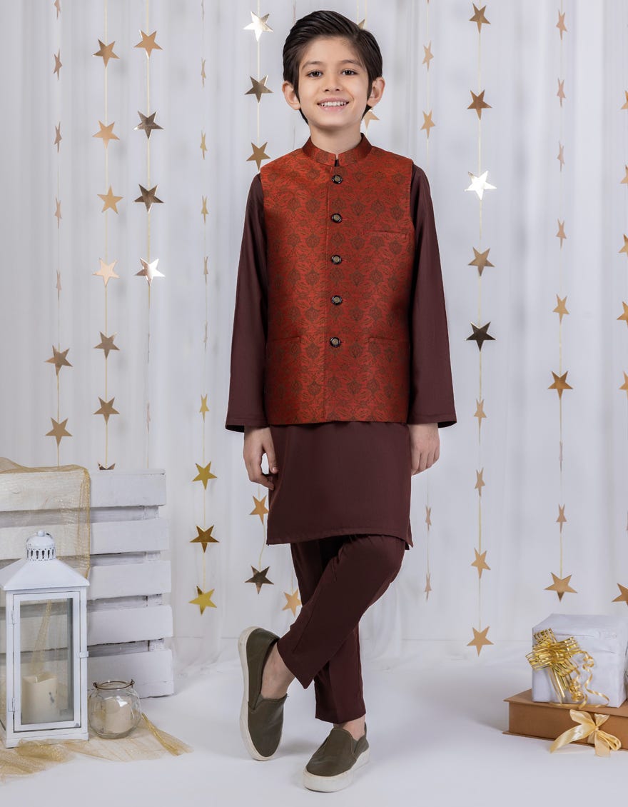 Rust Blended Kurta Pajama + Waistcoat | Jckpvc-A-48094