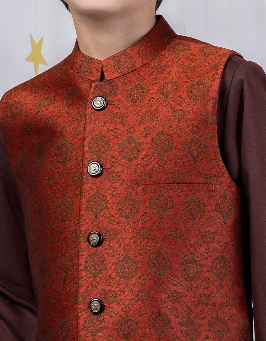 RUST BLENDED KURTA PAJAMA + WAISTCOAT | JCKPVC-A-48094