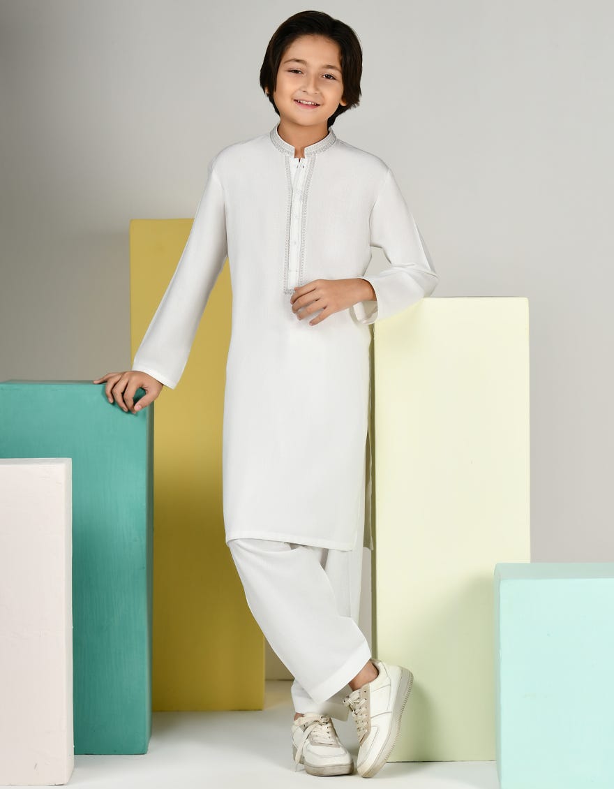 White Blended Kid's Kameez Shalwar | Jcks-A-39114