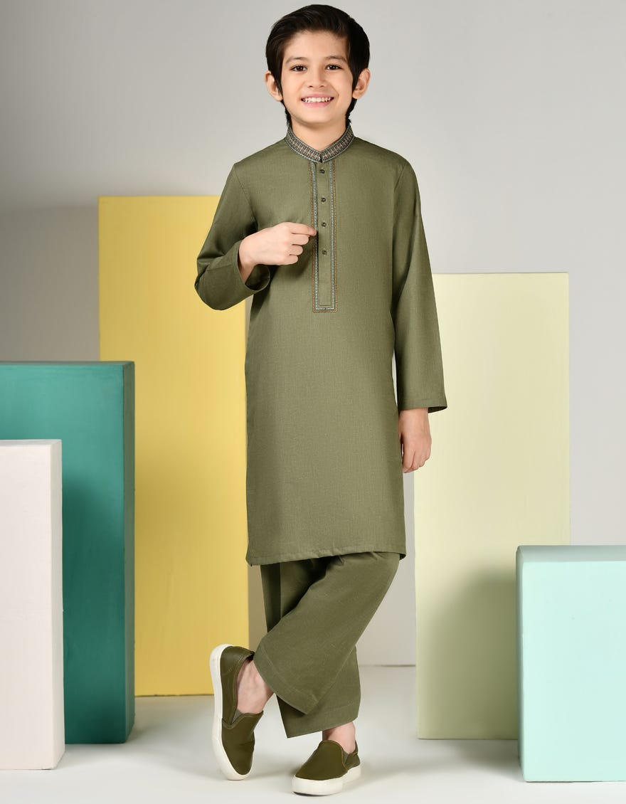 Dull Green Blended Kid's Kameez Shalwar | Jcks-A-46359