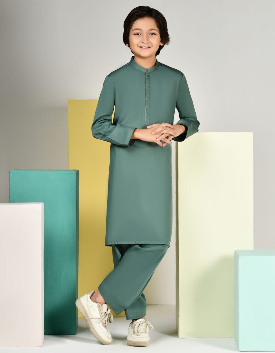 Green Blended Kid's Kameez Shalwar | Jcks-A-46383