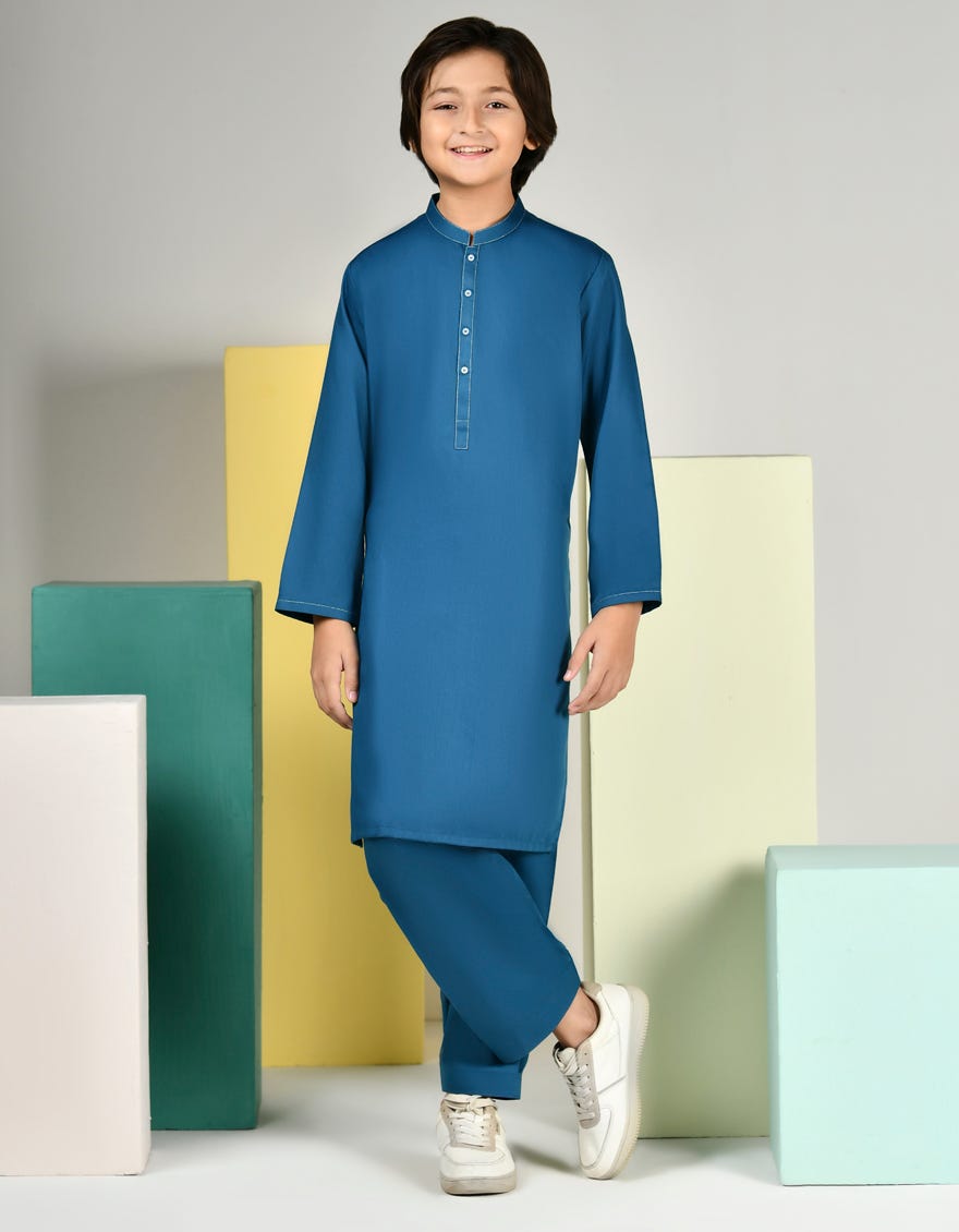 Teal Blue Blended Kid's Kameez Shalwar | Jcks-S-46389