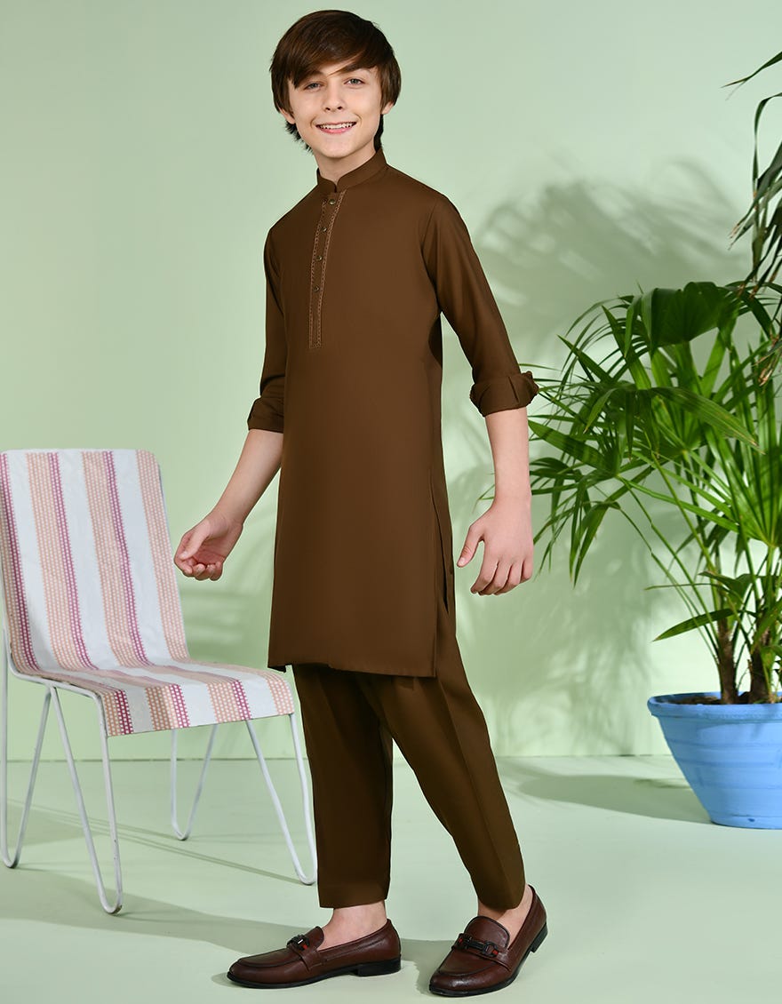 Brown Blended Kid's Kameez Shalwar | Jcks-S-90424