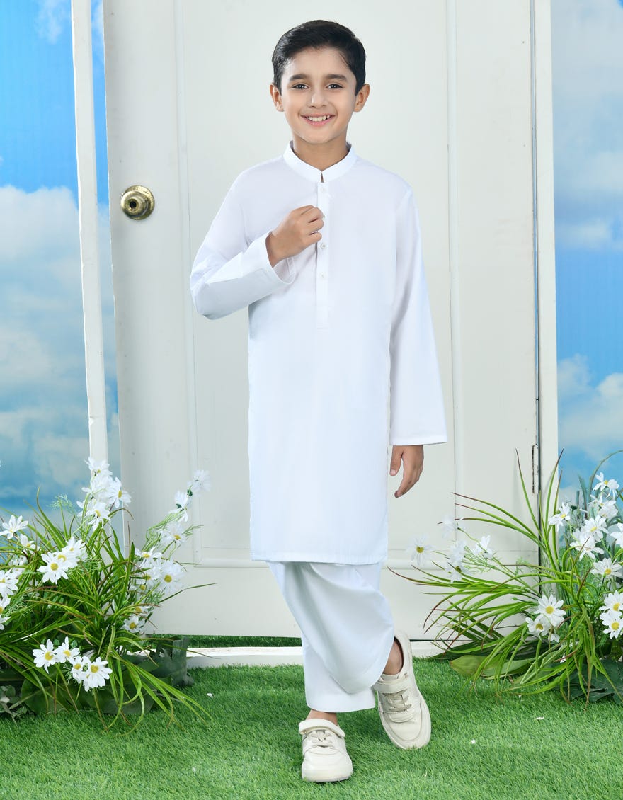 White Cotton Kid's Kameez Shalwar | Jcks-A-91400