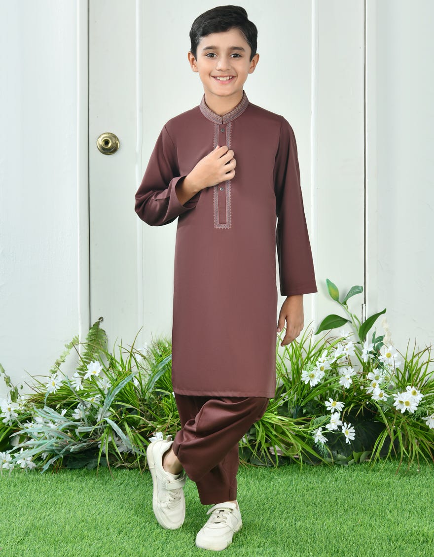 Brown Blended Kid's Kameez Shalwar | Jcks-A-39074