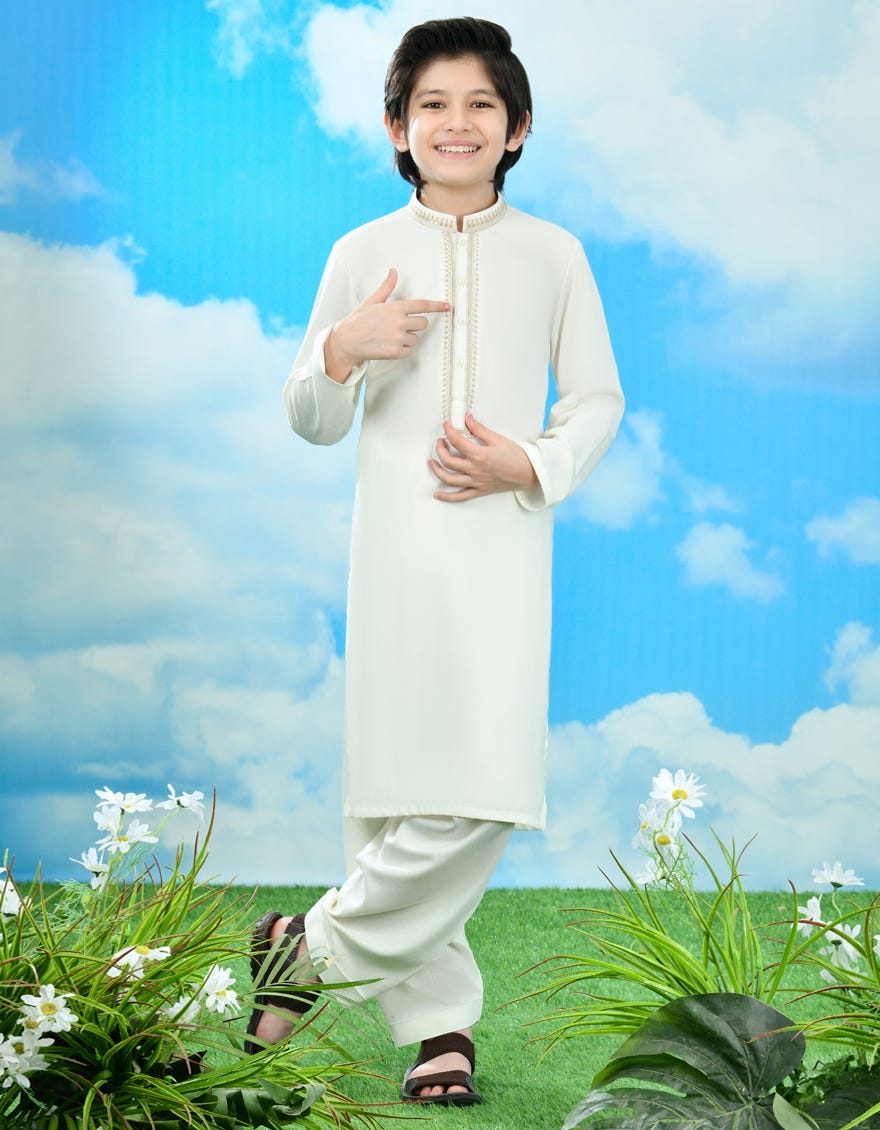 Off White Blended Kid's Kameez Shalwar | Jcks-A-39113