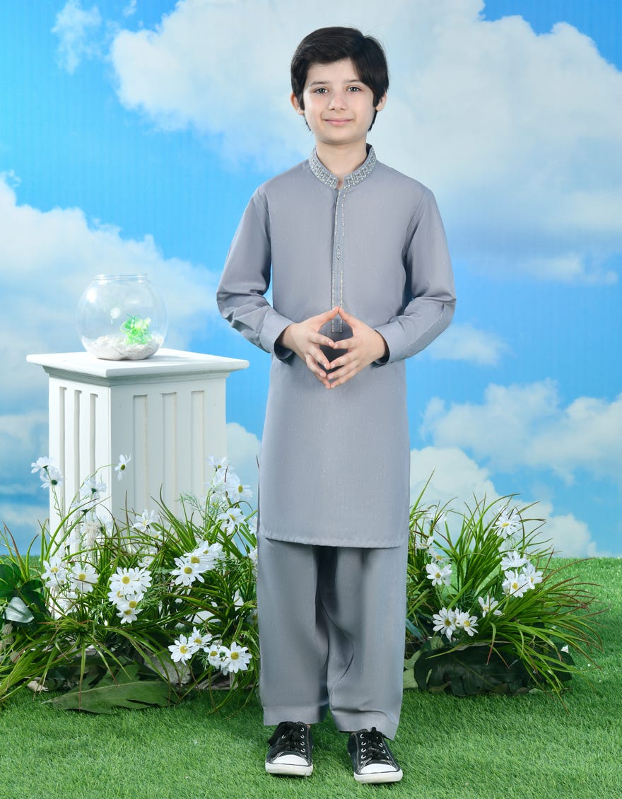 Grey Polyester Kid's Kameez Shalwar | Jcks-A-46355