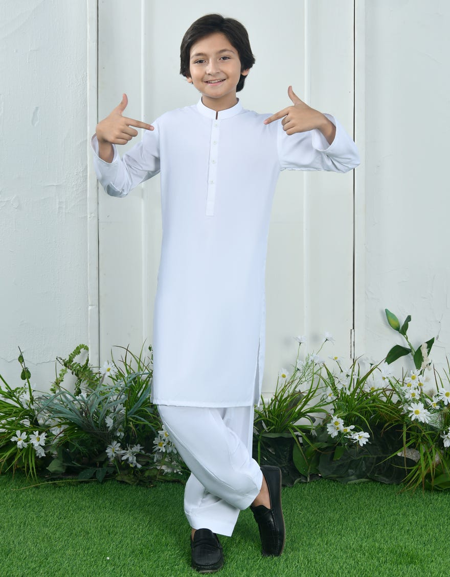 White Blended Kid's Kameez Shalwar | Jcks-A-91401