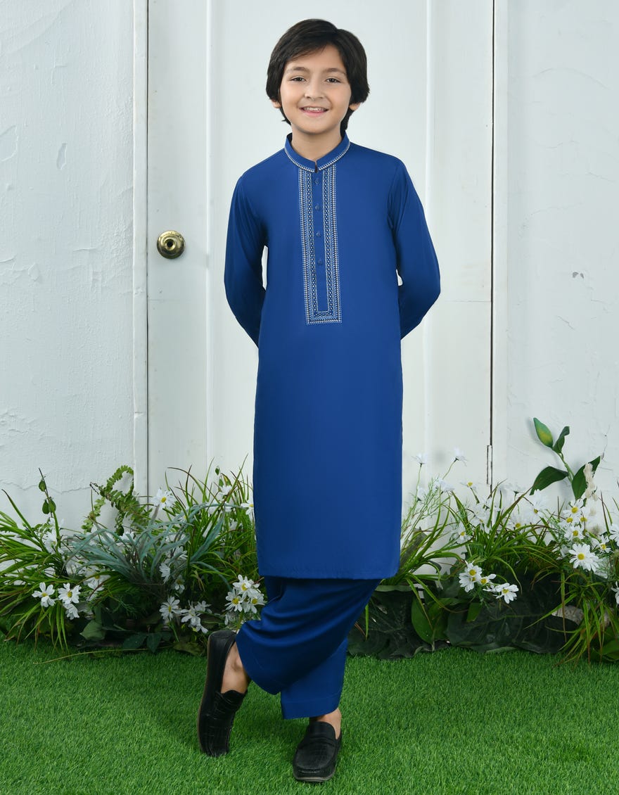 Electric Blue Blended Kid's Kameez Shalwar | Jcks-A-34717