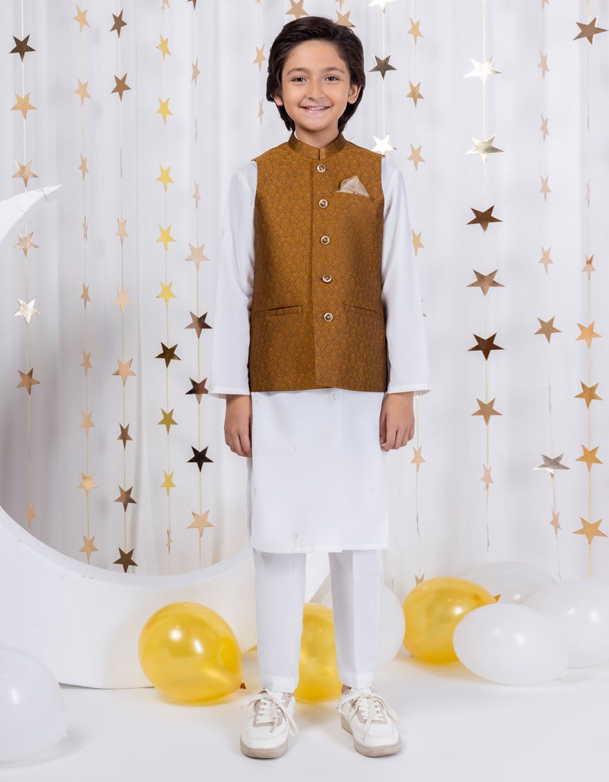 Gold Blended Kameez Shalwar + Waistcoat | Jckpvc-A-48092