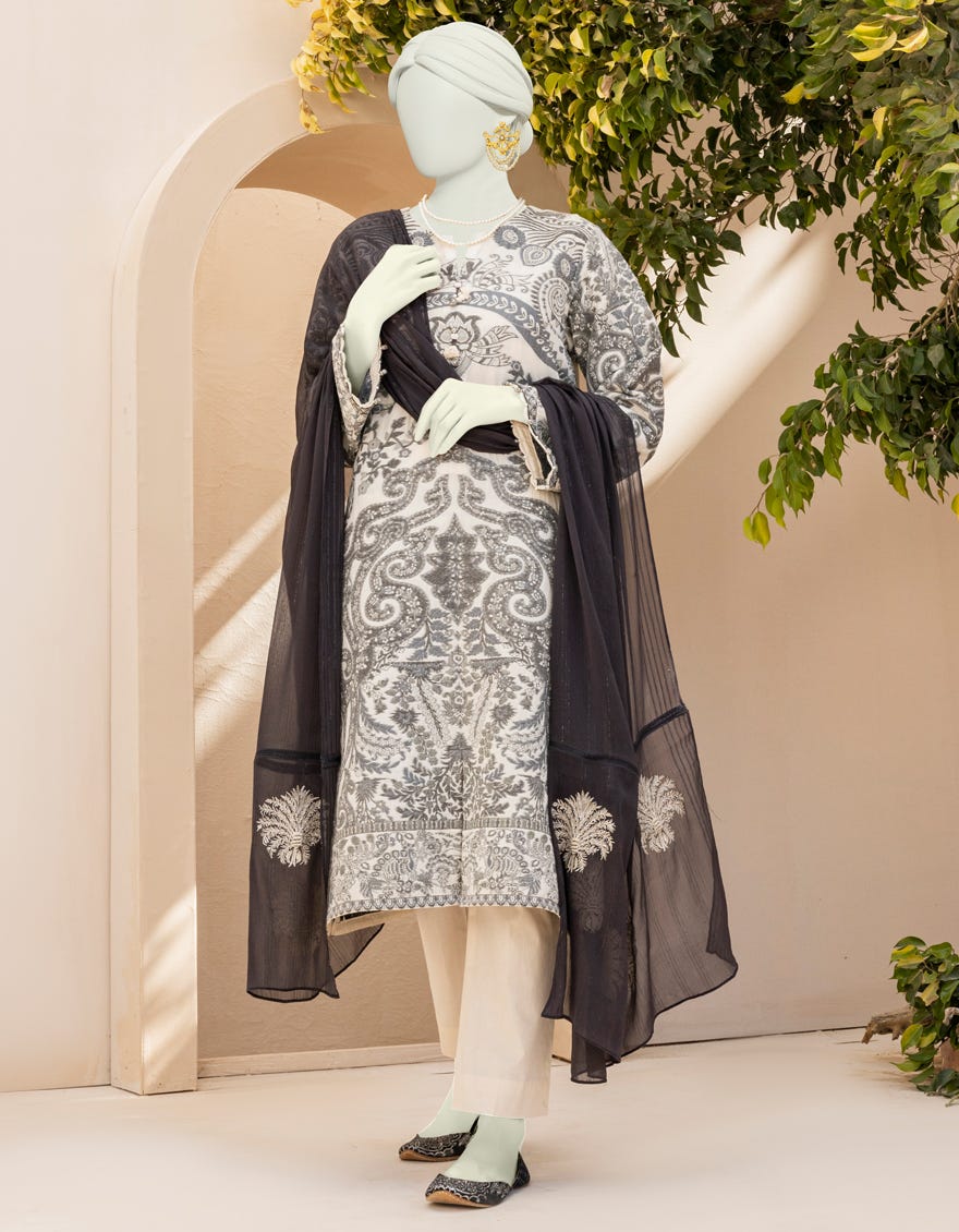 Off White Jacquard 3 Piece Stitched Dress | Jlawn-S-23-008