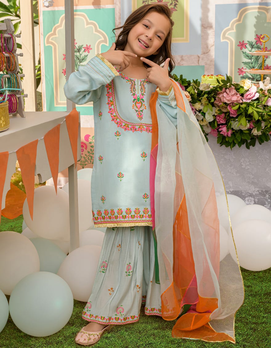 Aqua Raw Silk Girls 3 Piece Stitched Dress | Jgkl-S-Jjgf-23-009