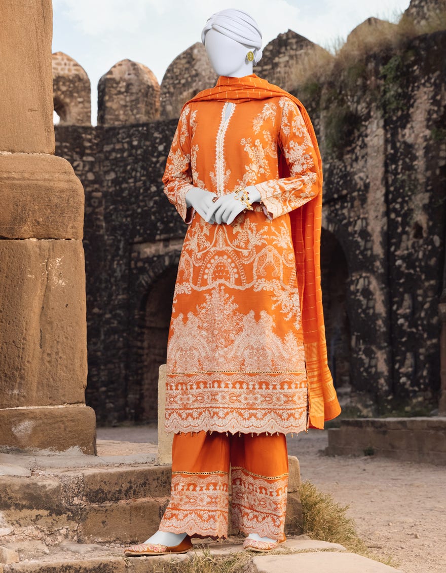 Rust Lawn 3 Piece Stitched Dress | Jjpw-S-Jpws-23-522