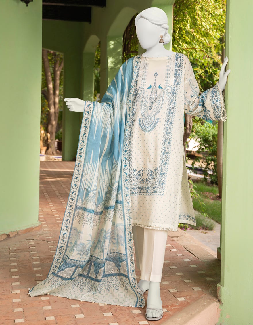 Blue-Off White Lawn Unstitched 2 Piece Dress | Jlawn-S-Jds-23-1097