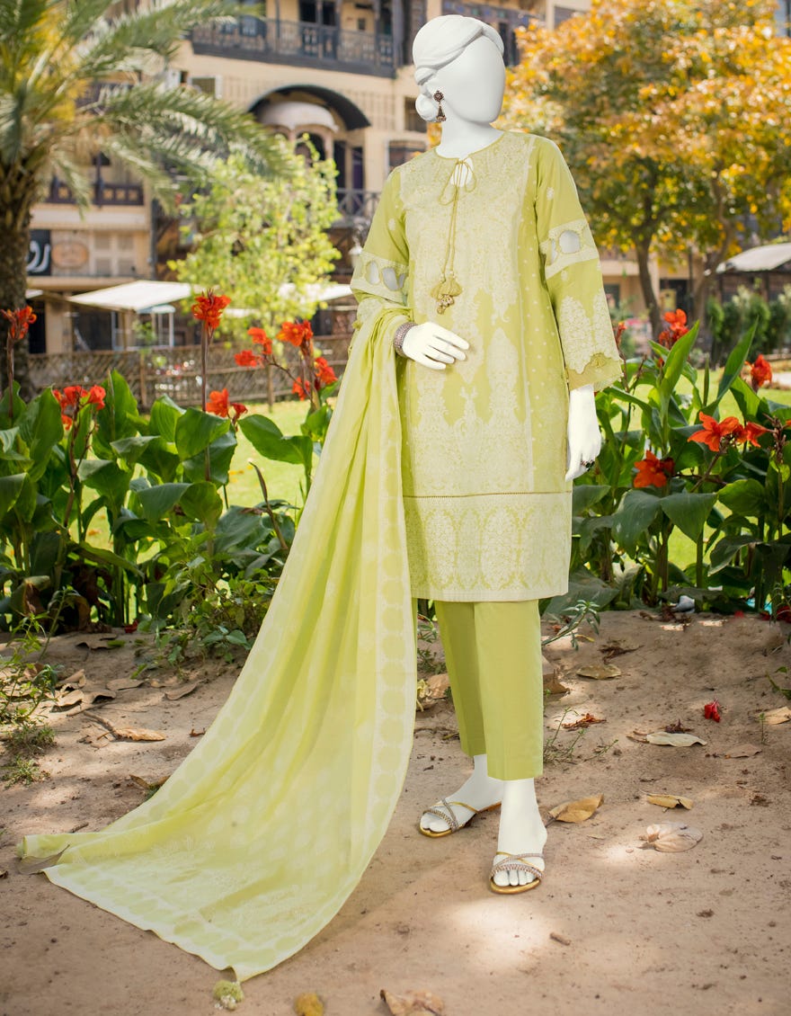 LIME GREEN LAWN UNSTITCHED 2PC | JLAWN-S-JDS-23-1105