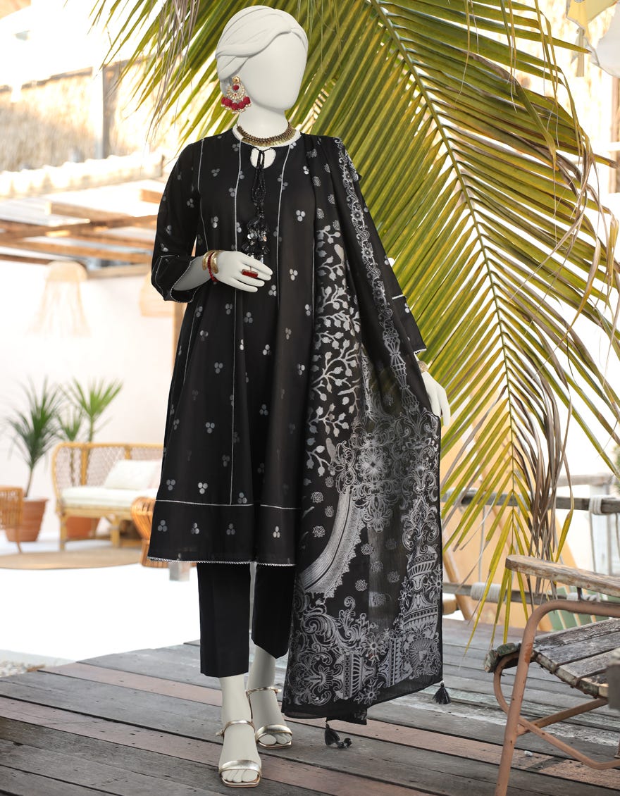 Black Jacquard Unstitched 2 Piece Dress | Jlawn-S-Jds-24-1027