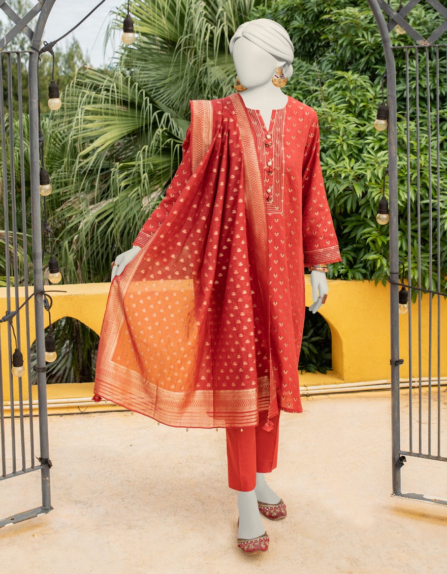Rust Jacquard Unstitched 2 Piece Dress | Jlawn-S-Jds-24-1054