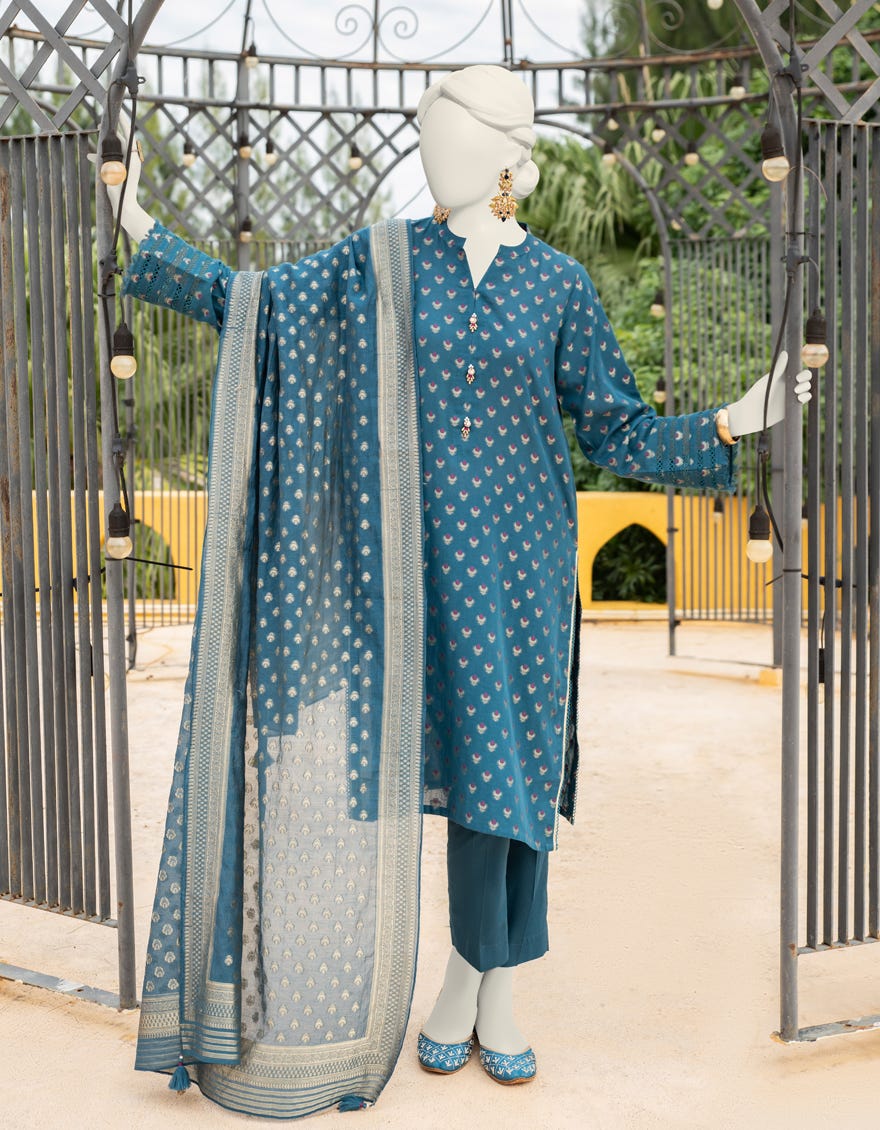Blue Jacquard Unstitched 2 Piece Dress | Jlawn-S-Jds-24-1055