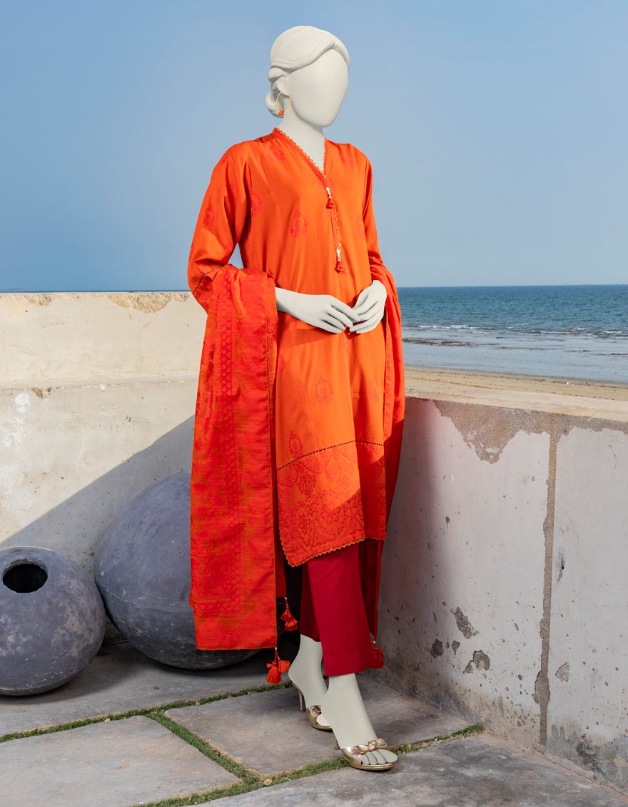 Orange Jacquard Unstitched 2 Piece Dress | Jlawn-S-Jds-24-1072