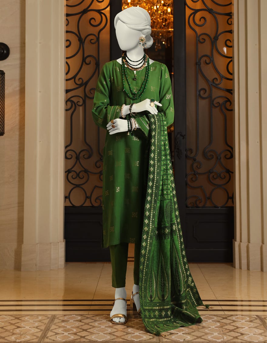 GREEN JACQUARD UNSTITCHED 2PC DRESS | JLAWN-S-JDS-24-1073