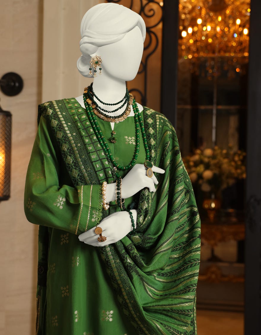 GREEN JACQUARD UNSTITCHED 2PC DRESS | JLAWN-S-JDS-24-1073
