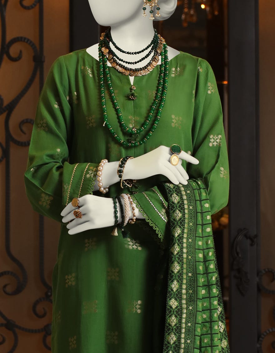 GREEN JACQUARD UNSTITCHED 2PC DRESS | JLAWN-S-JDS-24-1073
