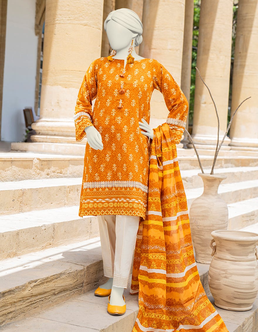 Orange Cambric 2 Piece Stitched Dress | Jlawn-S-Jds-24-1110