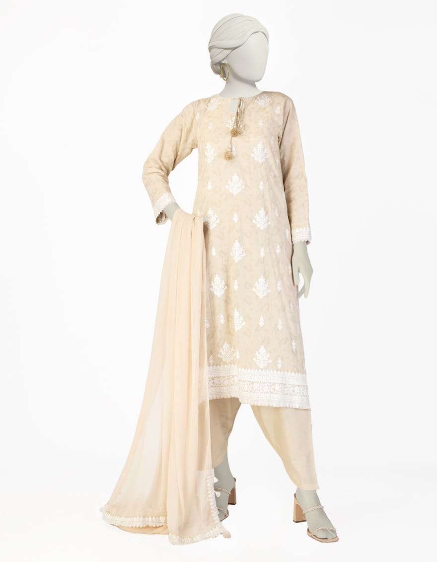 BEIGE DOBBY EMBROIDERED 2PC STITCHED