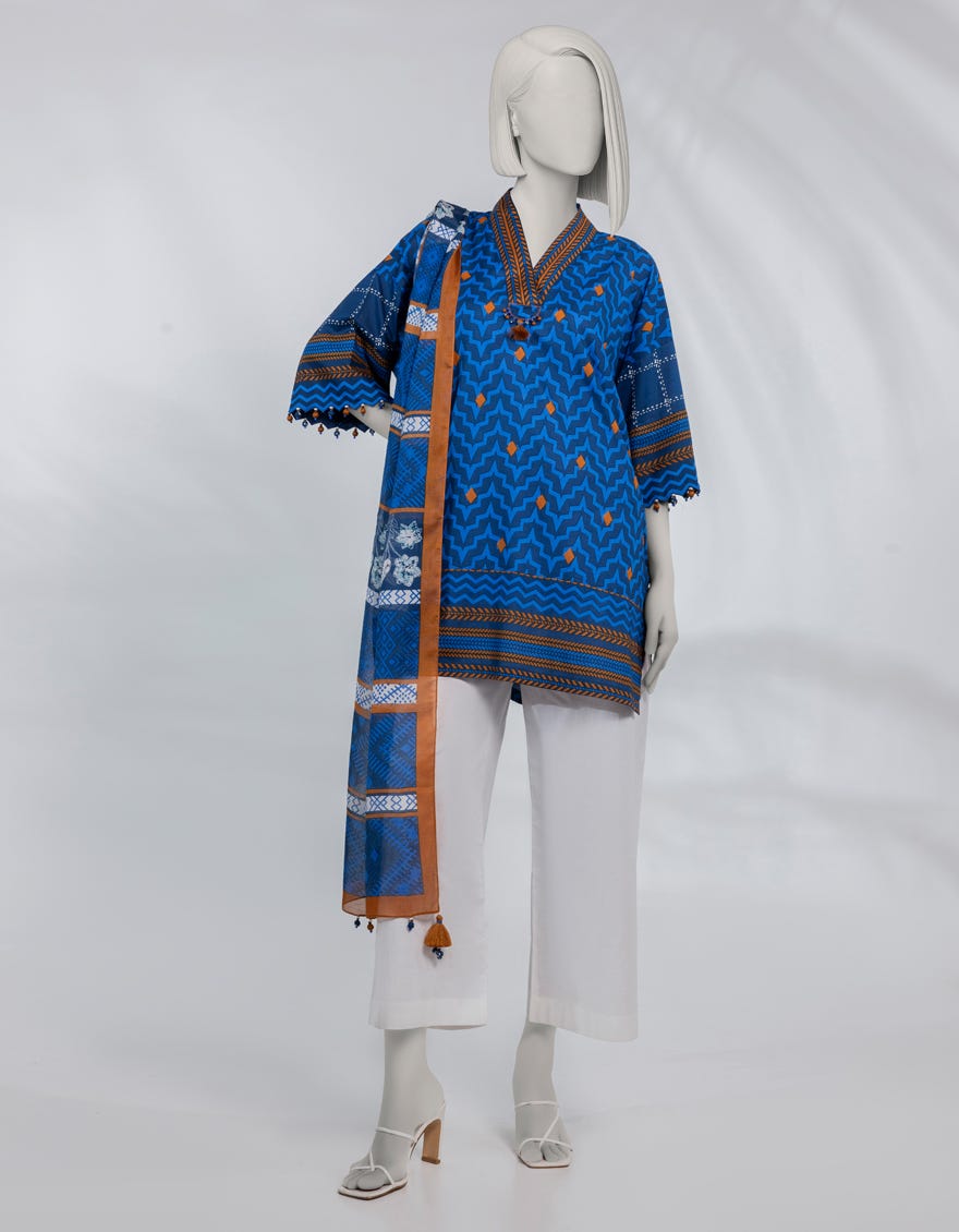 BLUE PRINTED LAWN UNSTITCHED 2PC