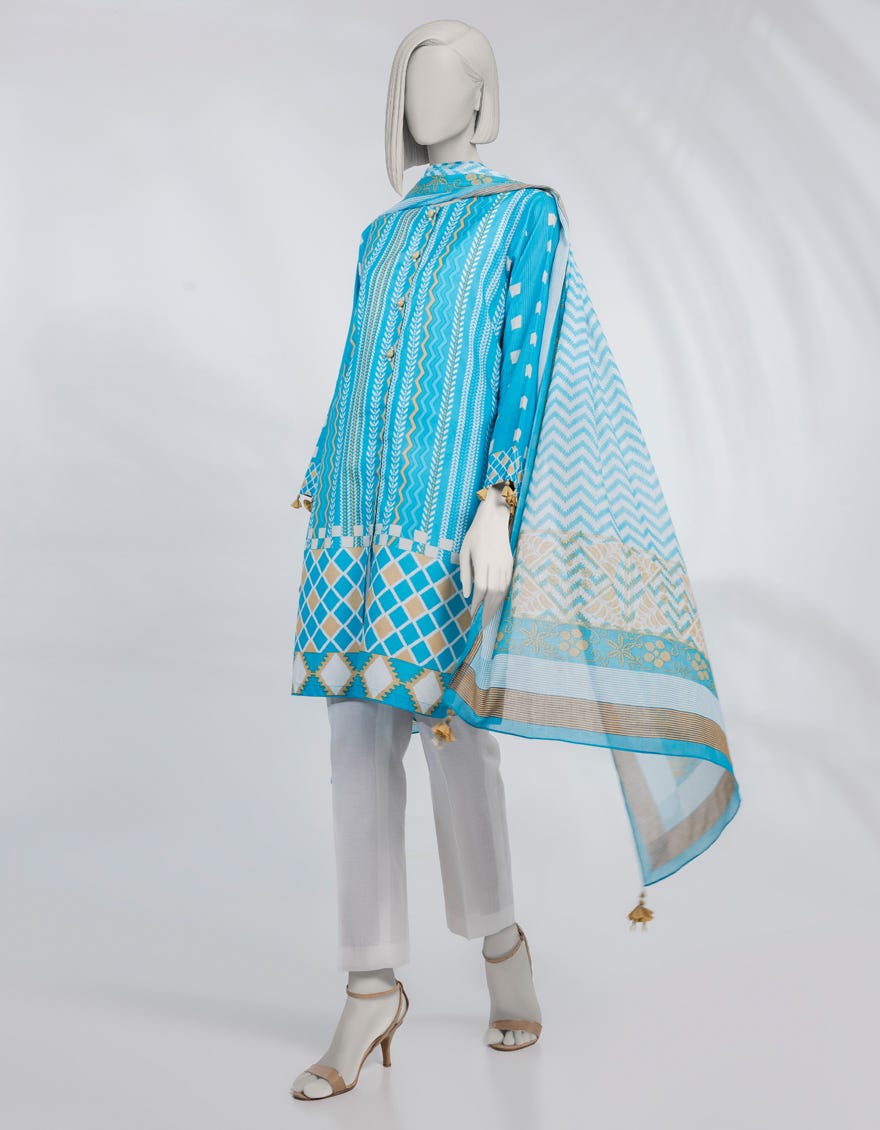 BLUE PRINTED LAWN UNSTITCHED 2PC