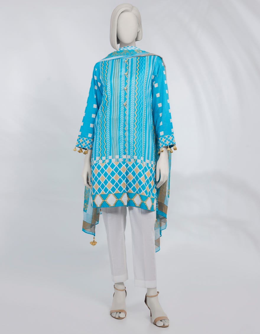 BLUE PRINTED LAWN UNSTITCHED 2PC
