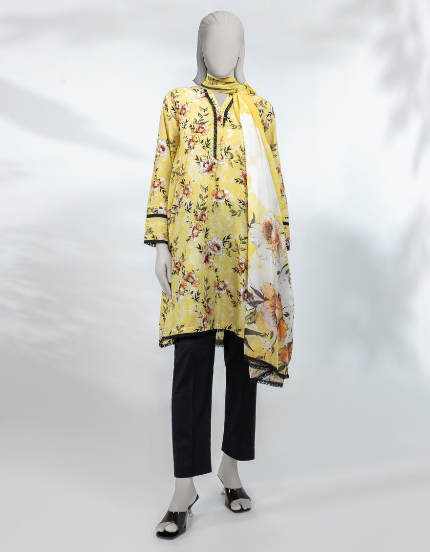YELLOW CHIFFON PRINTED UNSTITCHED 2PC