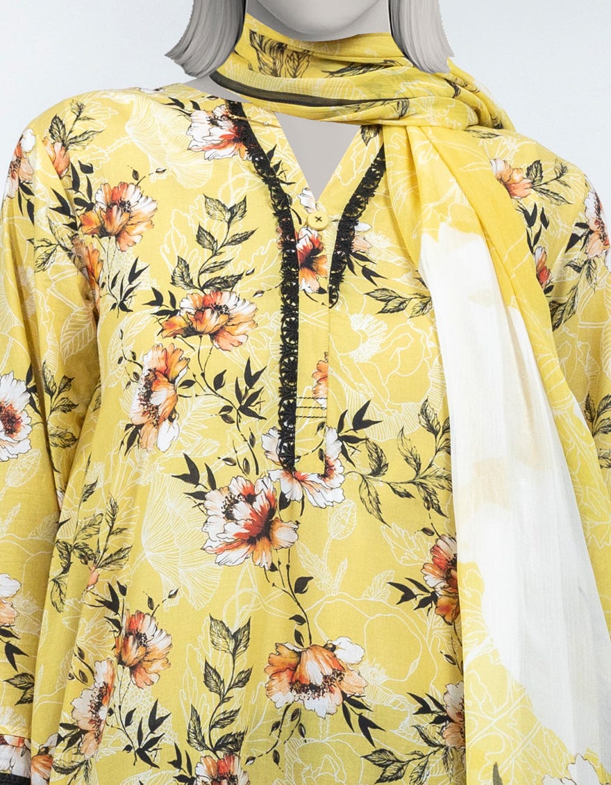 YELLOW CHIFFON PRINTED UNSTITCHED 2PC
