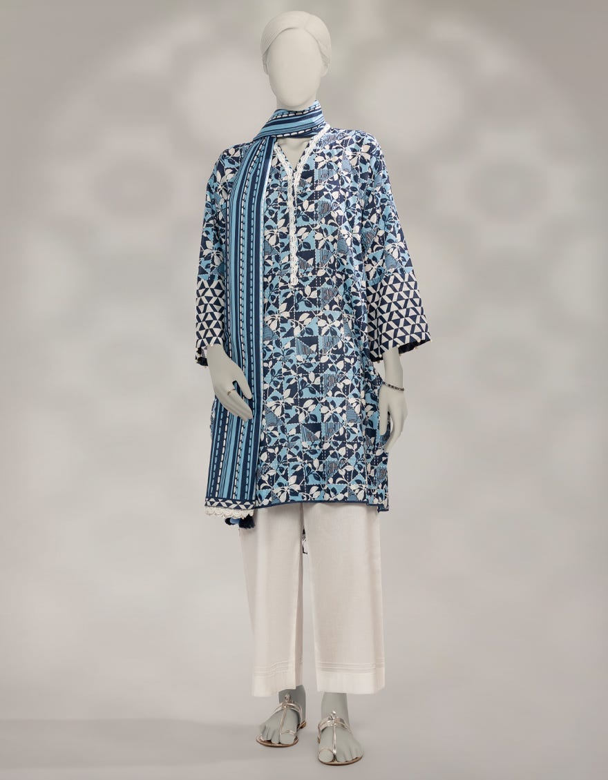 BLUE CAMBRIC PRINTED UNSTITCHED 2PC