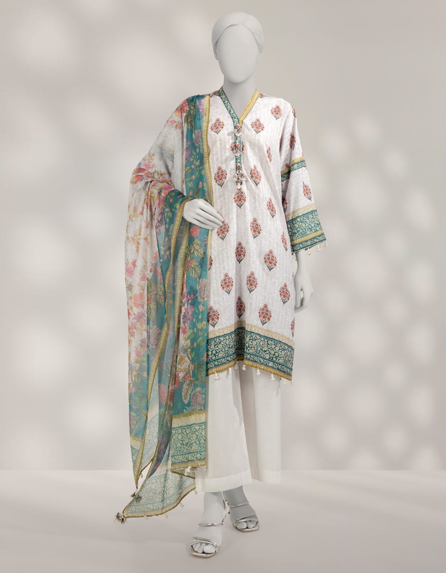 WHITE DOBBY DIGITAL PRINTED 2PC UNSTITCHED