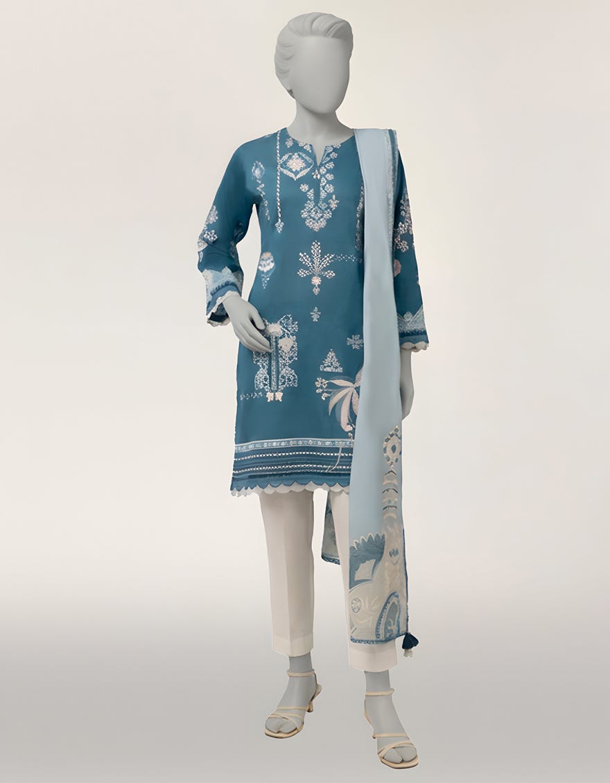 BLUE LAWN EMBROIDERED STITCHED 2PC
