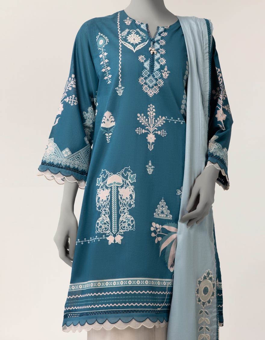 BLUE LAWN EMBROIDERED STITCHED 2PC