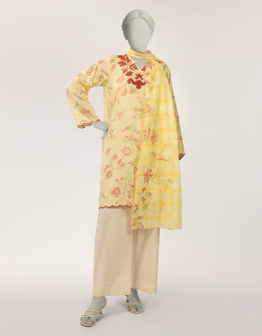 YELLOW LAWN EMBROIDERED STITCHED 2PC