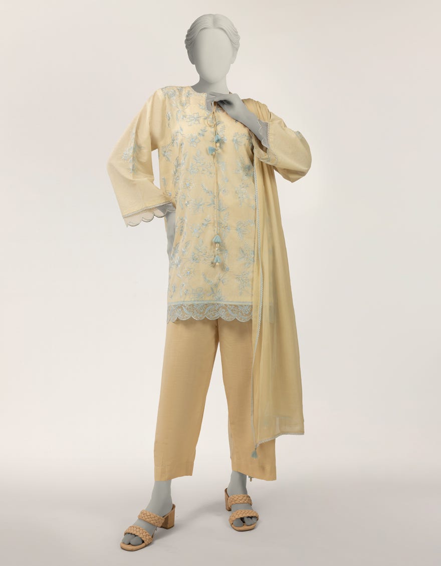 WHITE DOBBY EMBROIDERED STITCHED 2PC