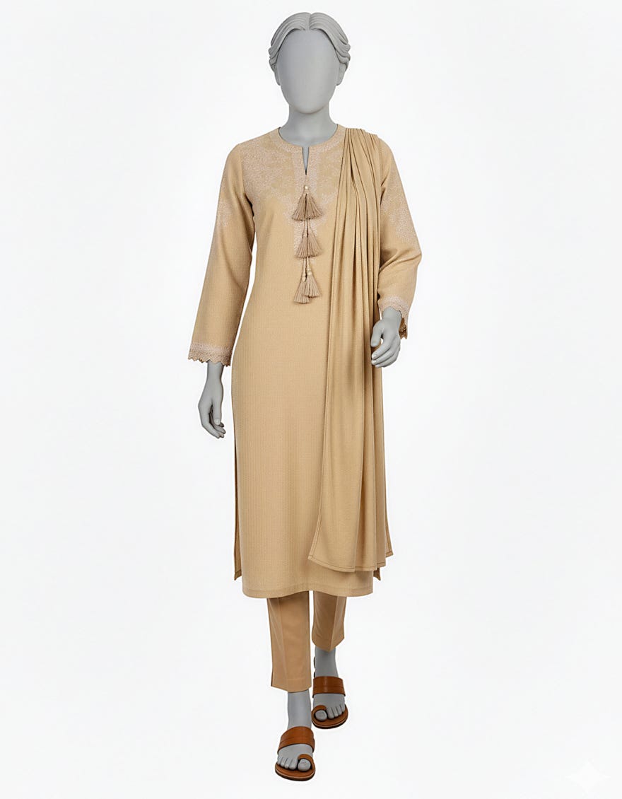 BEIGE DOBBY EMBROIDERED STITCHED 2PC