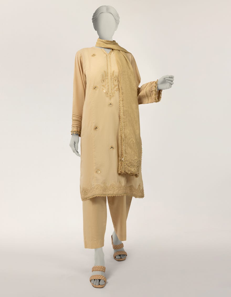 BEIGE LAWN EMBROIDERED STITCHED 2PC