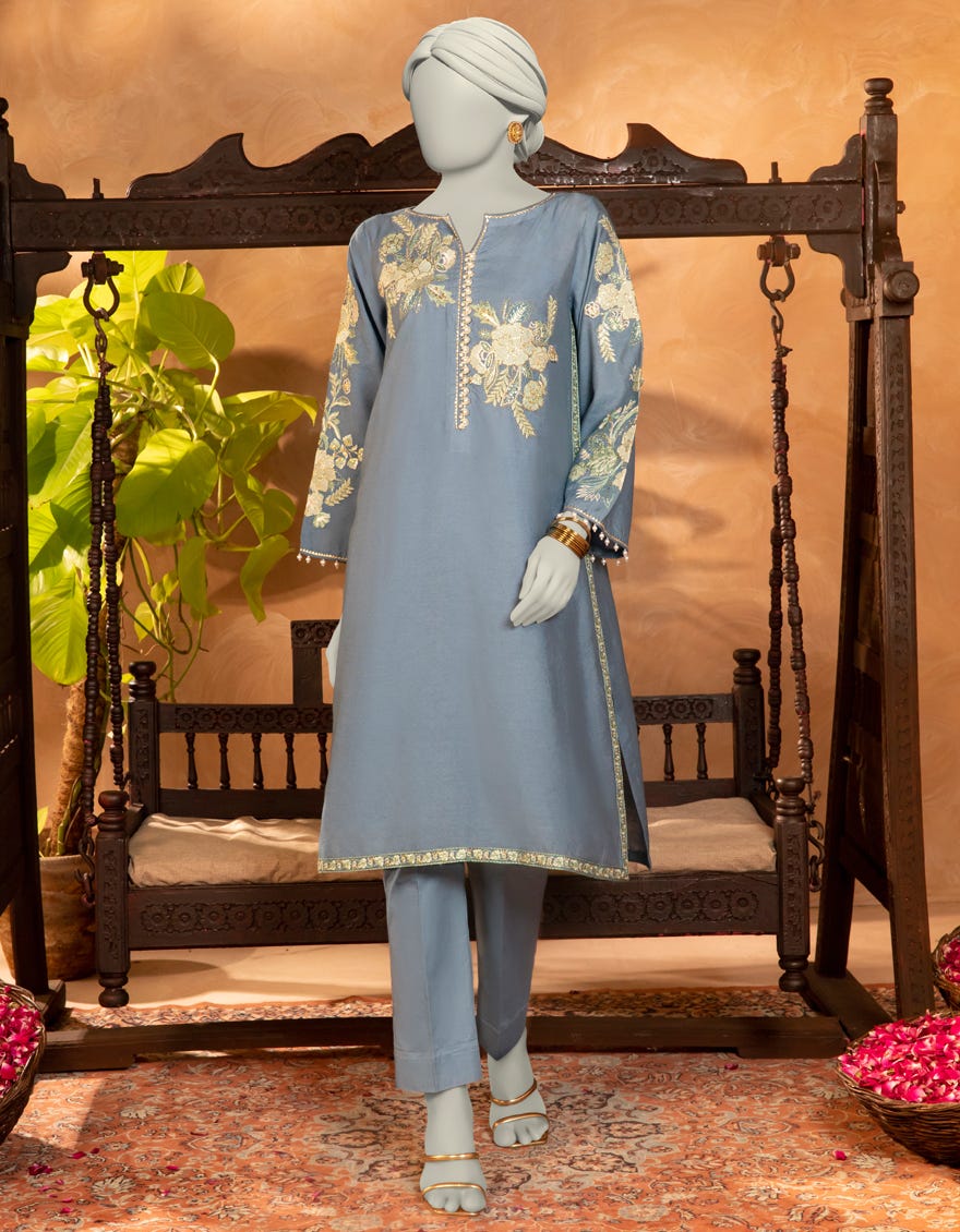 BLUE COTTON NET EMBROIDERED KURTA