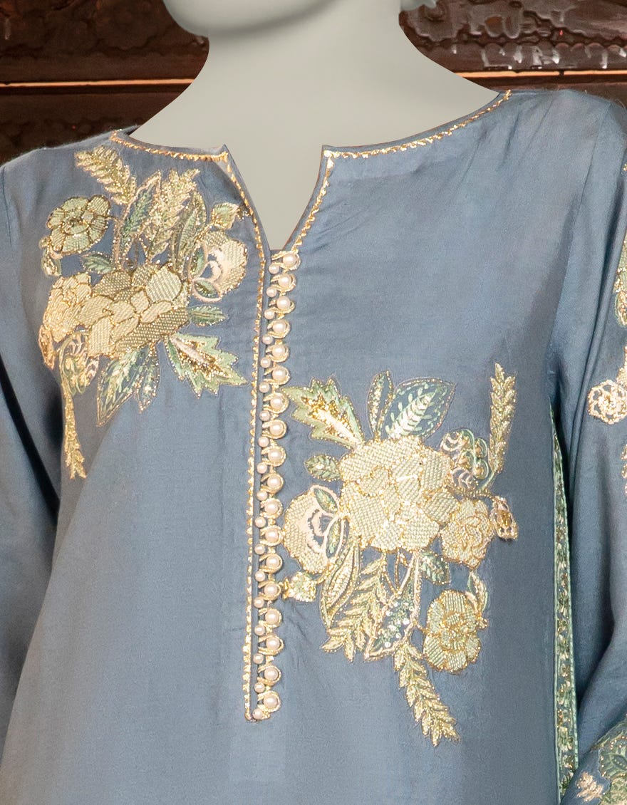 BLUE COTTON NET EMBROIDERED KURTA