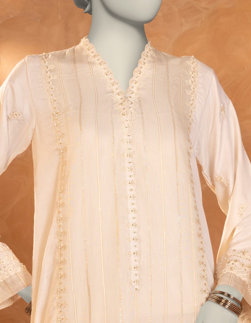 WHITE PAPER COTTON EMBROIDERED KURTA