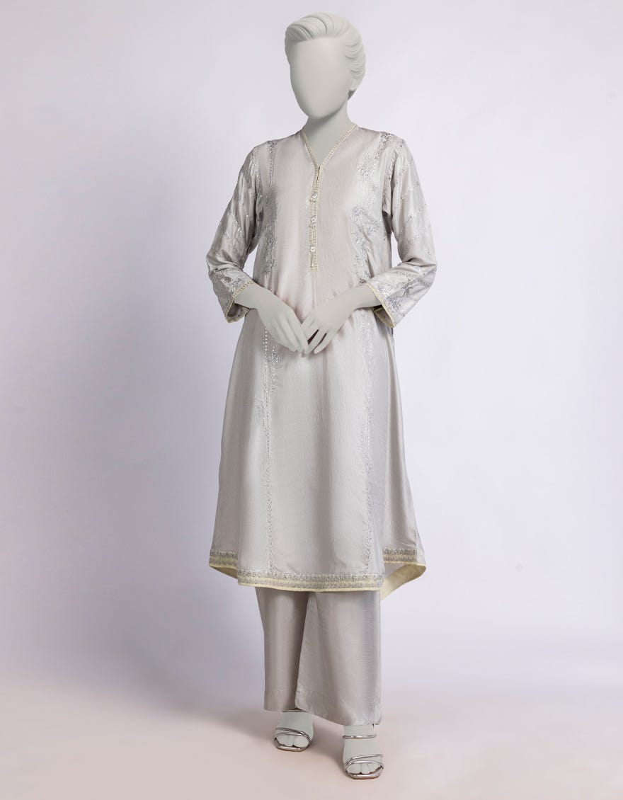 GREY RAW SILK EMBROIDERED FORMAL CO-ORD SET