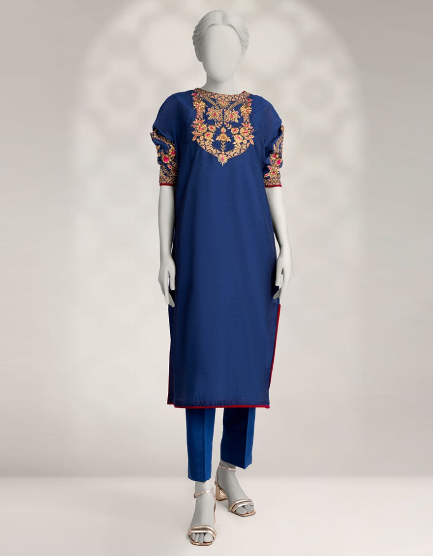 BLUE COTTON NET EMBROIDERED KURTA